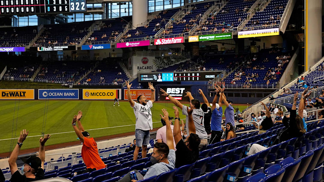 Apr 1, 2021; Miami, Florida, USA; Miami Marlins fans attempt to start the wave in the 8th inning between the Miami Marlins and the Tampa Bay Rays at loanDepot park.