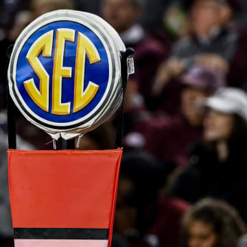 Nov 11, 2023; College Station, Texas, USA; A detailed view of the SEC logo on a chain marker during the game between the Texas A&M Aggies and the Mississippi State Bulldogs at Kyle Field