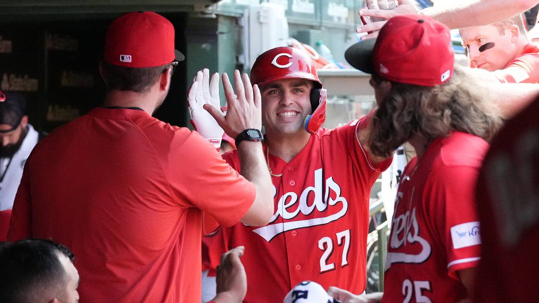 Aug 28, 2026; Chicago, Illinois, USA; Cincinnati Reds first baseman Sal Stewart (27) is greeted in the dugout after hitting a home against the Chicago Cubs during the fifth inning at Wrigley Field. Aug 28, 2026; Chicago, Illinois, USA; Cincinnati Reds first baseman Sal Stewart (27) is greeted in the dugout after hitting a home against the Chicago Cubs during the fifth inning at Wrigley Field.
