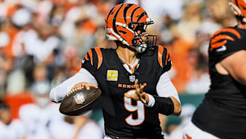 Nov 3, 2024; Cincinnati, Ohio, USA; Cincinnati Bengals quarterback Joe Burrow (9) throws a pass against the Las Vegas Raiders in the first half at Paycor Stadium. Mandatory Credit: Katie Stratman-Imagn Images