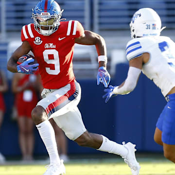 Sep 7, 2024; Oxford, Mississippi, USA; Mississippi Rebels wide receiver Tre Harris (9) runs after a catch during the second half against the Middle Tennessee Blue Raiders at Vaught-Hemingway Stadium. Mandatory Credit: Petre Thomas-Imagn Images