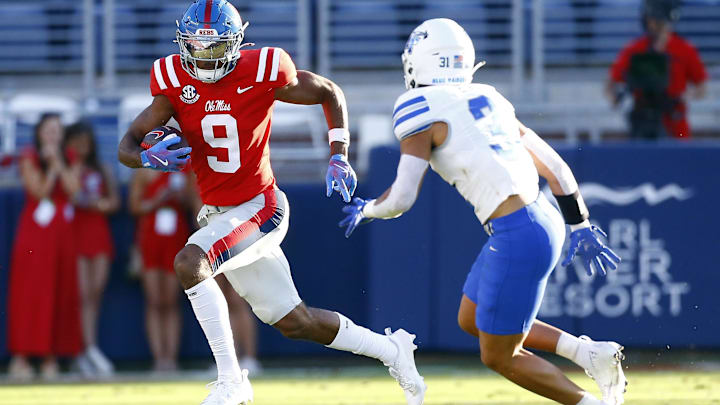 Sep 7, 2024; Oxford, Mississippi, USA; Mississippi Rebels wide receiver Tre Harris (9) runs after a catch during the second half against the Middle Tennessee Blue Raiders at Vaught-Hemingway Stadium. Mandatory Credit: Petre Thomas-Imagn Images