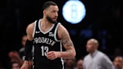 Apr 13, 2025; Brooklyn, New York, USA; Brooklyn Nets guard Tyrese Martin (13) reacts after a basket against the New York Knicks during the first half at Barclays Center. Mandatory Credit: Vincent Carchietta-Imagn Images