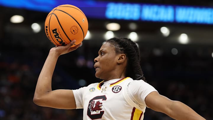 South Carolina guard MiLaysia Fulwiley shoots a basket.