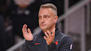 Toronto Raptors head coach Darko Rajakovic on the sideline against the Atlanta Hawks in the first quarter at State Farm Arena. 