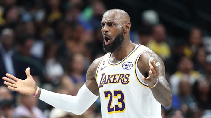 Apr 5, 2026; Dallas, Texas, USA;  Los Angeles Lakers forward LeBron James (23) reacts against the Dallas Mavericks during the second half at American Airlines Center. Mandatory Credit: Kevin Jairaj-Imagn Images