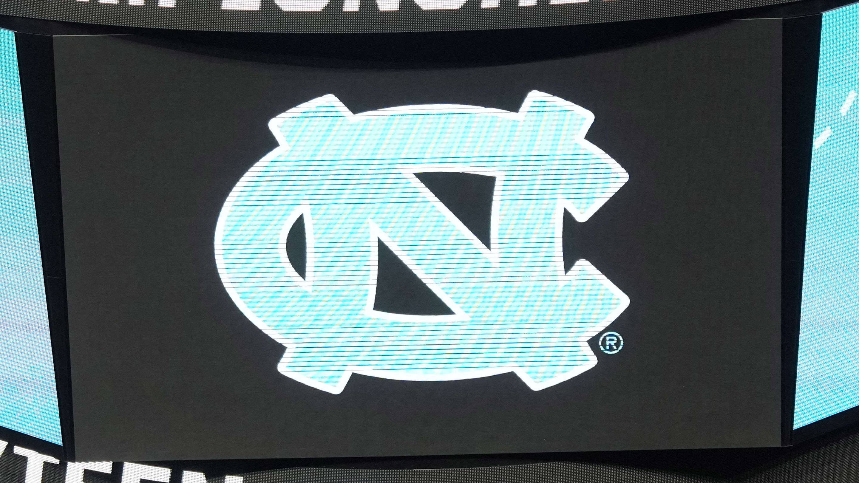 Mar 27, 2024; Los Angeles, CA, USA; The North Carolina Tar Heels logo on the video board during practice prior to NCAA Tournament at West Regional at Crypto.com Arena. Mandatory Credit: Kirby Lee-USA TODAY Sports