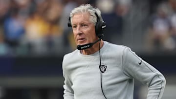 Nov 30, 2025; Inglewood, California, USA; Las Vegas Raiders head coach Pete Carroll during the first half at SoFi Stadium. Mandatory Credit: Kiyoshi Mio-Imagn Images