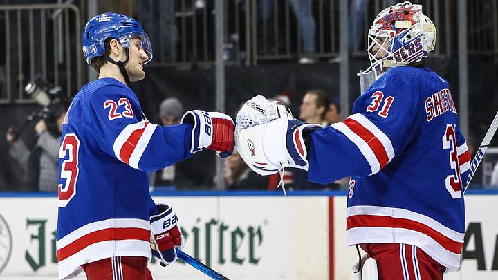 Apr 21, 2024; New York, New York, USA; New York Rangers defenseman Adam Fox (23) and goaltender Igor Shesterkin (31) congratulate each other after defeating the Washington Capitals 4-1 in game one of the first round of the 2024 Stanley Cup Playoffs at Madison Square Garden. Mandatory Credit: Wendell Cruz-USA TODAY Sports Apr 21, 2024; New York, New York, USA; New York Rangers defenseman Adam Fox (23) and goaltender Igor Shesterkin (31) congratulate each other after defeating the Washington Capitals 4-1 in game one of the first round of the 2024 Stanley Cup Playoffs at Madison Square Garden. Mandatory Credit: Wendell Cruz-USA TODAY Sports