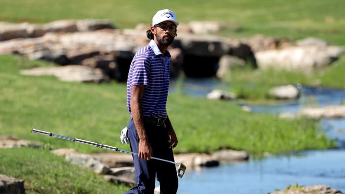 Apr 5, 2024; San Antonio, Texas, USA; Akshay Bhatia walks towards the green on the 18th hole during