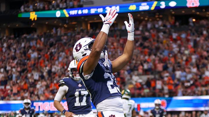 Sep 5, 2026; Atlanta, Georgia, USA; Auburn Tigers running back Jeremiah Cobb (23) celebrates after a touchdown run against the Baylor Bears in the second quarter at Mercedes-Benz Stadium. Mandatory Credit: Brett Davis-Imagn Images