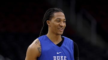 NCAA Men's Basketball Tournament - East Regional - Newark - Practice Day; Duke basketball center Maliq Brown practices with the Duke basketball team ahead of its Sweet 16 matchup