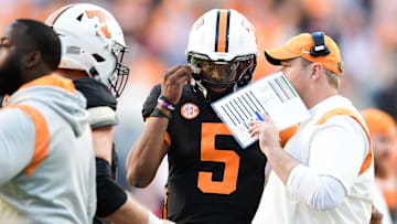 Tennessee Head Coach Josh Heupel speaks with Tennessee quarterback Hendon Hooker (5) during an SEC football game between Tennessee and Georgia at Neyland Stadium in Knoxville, Tenn. on Saturday, Nov. 13, 2021.

Kns Tennessee Georgia Football
