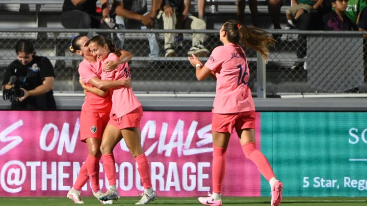 Jul 31, 2024; Cary, North Carolina, USA; North Carolina Courage midfielder Landy Mertz (19) reacts after scoring a goal against Rayadas de Monterrey during the second half at WakeMed Soccer Park. Mandatory Credit: Rob Kinnan-USA TODAY Sports