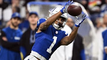 Jan 5, 2025; Indianapolis, Indiana, USA; Indianapolis Colts wide receiver Josh Downs (1) catches a pass during the second quarter against the Jacksonville Jaguars at Lucas Oil Stadium. Mandatory Credit: Marc Lebryk-Imagn Images