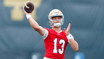 Notre Dame quarterback CJ Carr throws a pass during a football practice at Irish Athletic Center on Thursday, July 31, 2025, in South Bend.