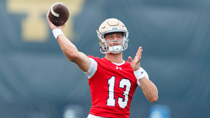 Notre Dame quarterback CJ Carr throws a pass during a football practice at Irish Athletic Center on Thursday, July 31, 2025, in South Bend.