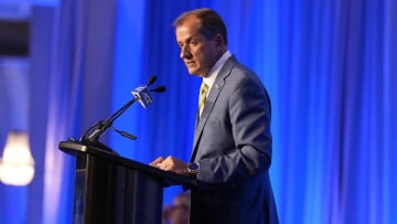 Jul 22, 2024; Charlotte, NC, USA; ACC commissioner Jim Phillips speaks to the media during ACC Kickoff at Hilton Charlotte Uptown. Mandatory Credit: Jim Dedmon-USA TODAY Sports