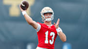 Notre Dame quarterback CJ Carr throws a pass during a football practice at Irish Athletic Center on Thursday, July 31, 2025, in South Bend.
