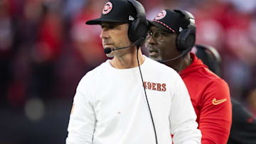 Jan 5, 2025; Glendale, Arizona, USA; San Francisco 49ers head coach Kyle Shanahan against the Arizona Cardinals at State Farm Stadium. Mandatory Credit: Mark J. Rebilas-Imagn Images