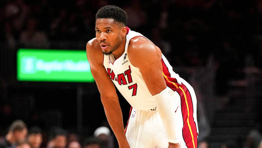 Oct 14, 2026; Miami, Florida, USA;  Miami Heat forward Giannis Antetokounmpo (7) takes a moment during a break in the game against the Brooklyn Nets in the second half at Kaseya Center.  Mandatory Credit: Jim Rassol-Imagn Images