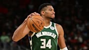 Nov 20, 2024; Milwaukee, Wisconsin, USA; Milwaukee Bucks forward Giannis Antetokounmpo (34) reacts in the third quarter against the Chicago Bulls at Fiserv Forum. Mandatory Credit: Benny Sieu-Imagn Images