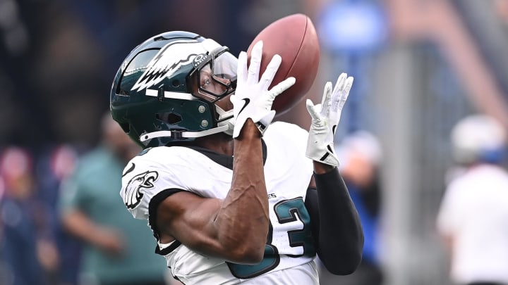 Aug 15, 2024; Foxborough, MA, USA; Philadelphia Eagles wide receiver John Ross (83) warms up before a game against the New England Patriots at Gillette Stadium. Mandatory Credit: Eric Canha-USA TODAY Sports