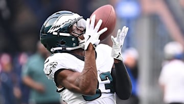Aug 15, 2024; Foxborough, MA, USA; Philadelphia Eagles wide receiver John Ross (83) warms up before a game against the New England Patriots at Gillette Stadium.