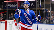 Dec 2, 2024; New York, New York, USA;  New York Rangers left wing Chris Kreider (20) celebrates his goal against the New Jersey Devils during the second period at Madison Square Garden. Mandatory Credit: Dennis Schneidler-Imagn Images