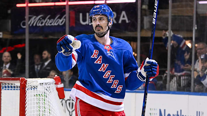 Dec 2, 2024; New York, New York, USA;  New York Rangers left wing Chris Kreider (20) celebrates his goal against the New Jersey Devils during the second period at Madison Square Garden. Mandatory Credit: Dennis Schneidler-Imagn Images