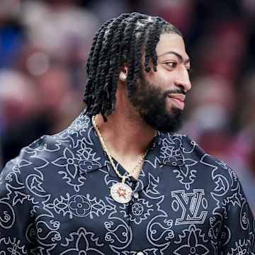 Mar 1, 2025; Dallas, Texas, USA;  Dallas Mavericks forward Anthony Davis looks on against the Milwaukee Bucks during the first half at American Airlines Center. Mandatory Credit: Kevin Jairaj-Imagn Images