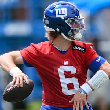 May 10, 2025; East Rutherford, NJ, USA; New York Giants quarterback Jaxson Dart (6) throws a pass during rookie minicamp at Quest Diagnostics Training Center. Mandatory Credit: John Jones-Imagn Images