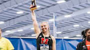 Nebraska thrower Axelina Johansson holds up her trophy for winning the NCAA Women's Indoor Shot Put National Championship on March 15, 2025.