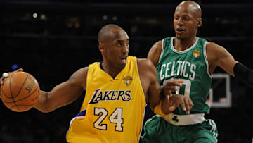 June 17, 2010; Los Angeles, CA, USA;  Los Angeles Lakers guard Kobe Bryant (24) drives past Boston Celtics defender Ray Allen (20) in game seven of the NBA Finals at the Staples Center in Los Angeles, CA. Mandatory Credit: Robert Hanashiro-Imagn Images
