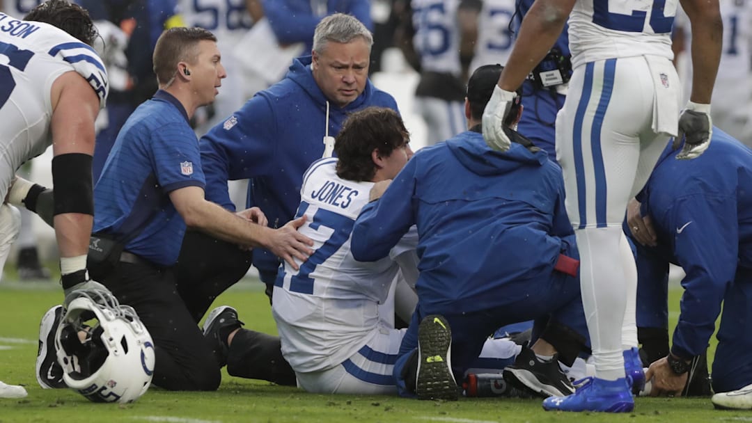 Indianapolis Colts quarterback Daniel Jones (17) is tended to by trainers after going down with an apparent injury against the Jacksonville Jaguars during the first half at EverBank Stadium. Indianapolis Colts quarterback Daniel Jones (17) is tended to by trainers after going down with an apparent injury against the Jacksonville Jaguars during the first half at EverBank Stadium.