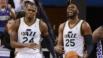 February 9, 2013; Sacramento, CA, USA; Utah Jazz power forward Paul Millsap (24) and center Al Jefferson (25) react after being called for a foul during the third quarter against the Sacramento Kings at Sleep Train Arena. The Kings defeated the Jazz 120-109. Mandatory Credit: Kyle Terada-Imagn Images
