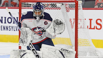 Apr 15, 2025; Philadelphia, Pennsylvania, USA; Columbus Blue Jackets goaltender Jet Greaves (73) makes a save against the Philadelphia Flyers during the second period at Wells Fargo Center. Mandatory Credit: Eric Hartline-Imagn Images