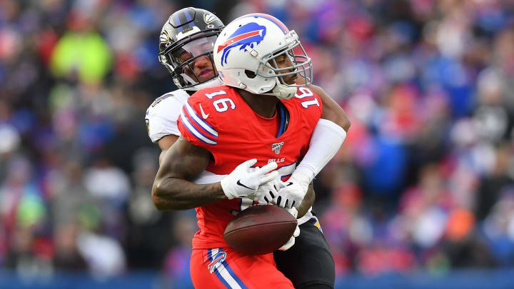 Dec 8, 2019; Orchard Park, NY,; Baltimore Ravens cornerback Marlon Humphrey (back) breaks up a pass intended for Buffalo Bills wide receiver Robert Foster (16) during the third quarter at New Era Field. 