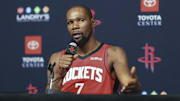Sep 29, 2025; Houston, TX, USA;  Houston Rockets forward Kevin Durant (7) talks to media during Houston Rockets media day at Toyota Center. Mandatory Credit: Troy Taormina-Imagn Images