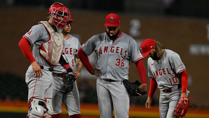 Aug 27, 2024; Detroit, Michigan, USA; Los Angeles Angels starting pitcher Johnny Cueto (36) waits on the mound for manager Ron Washington to pull him from the game after giving up a pair of home runs against the Detroit Tigers in the sixth inning at Comerica Park. Mandatory Credit: Lon Horwedel-USA TODAY Sports