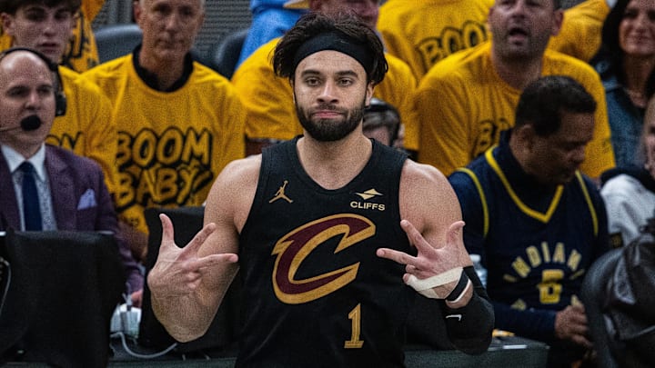 May 9, 2025; Indianapolis, Indiana, USA; Cleveland Cavaliers guard Max Strus (1) celebrates a made basket  during game three of the second round for the 2025 NBA Playoffs against the Indiana Pacers at Gainbridge Fieldhouse. Mandatory Credit: Trevor Ruszkowski-Imagn Images