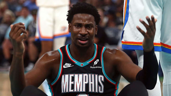 Nov 9, 2025; Memphis, Tennessee, USA; Memphis Grizzlies forward/center Jaren Jackson Jr. (8) reacts during the first quarter against the Oklahoma City Thunder at FedExForum. Mandatory Credit: Petre Thomas-Imagn Images
