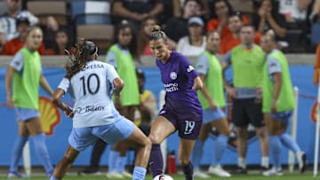 Aug 23, 2024; Houston, Texas, USA; Orlando Pride defender Carson Pickett (19) in action during the match against the Houston Dash at Shell Energy Stadium. Mandatory Credit: Troy Taormina-USA TODAY Sports