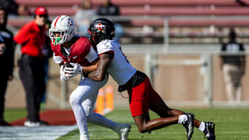 Nov 16, 2024; Stanford, California, USA; Stanford Cardinal wide receiver Emmett Mosley V (10) is tackled out of bounds during the first quarter against the Louisville Cardinals at Stanford Stadium. Mandatory Credit: Bob Kupbens-Imagn Images