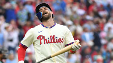 May 4, 2025; Philadelphia, Pennsylvania, USA; Philadelphia Phillies first base Bryce Harper (3) reacts after hitting a flying out to center during the tenth inning against the Arizona Diamondbacks at Citizens Bank Park