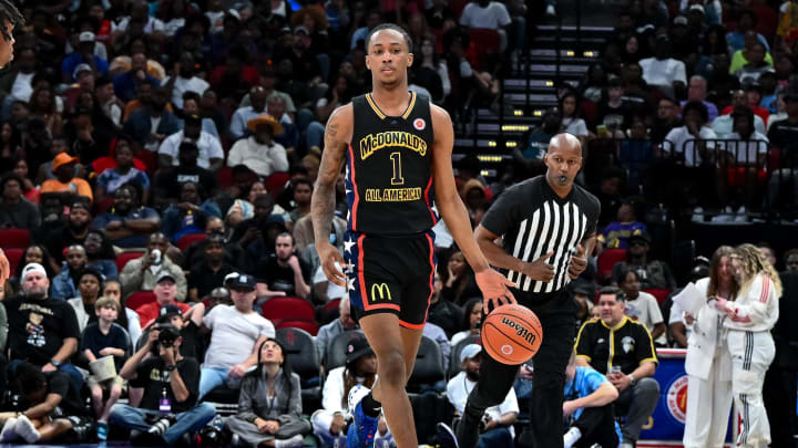 Mar 28, 2023; Houston, TX, USA; McDonald's All American West forward Ron Holland (1) in action during the first half against the McDonald's All American East at Toyota Center. Mandatory Credit: Maria Lysaker-USA TODAY Sports