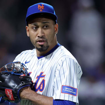 Jun 13, 2024; New York City, New York, USA; New York Mets relief pitcher Edwin Diaz (39) reacts after the top of the ninth inning against the Miami Marlins at Citi Field. Mandatory Credit: Brad Penner-USA TODAY Sports