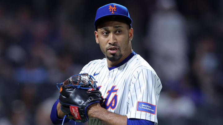 Jun 13, 2024; New York City, New York, USA; New York Mets relief pitcher Edwin Diaz (39) reacts after the top of the ninth inning against the Miami Marlins at Citi Field. Mandatory Credit: Brad Penner-USA TODAY Sports