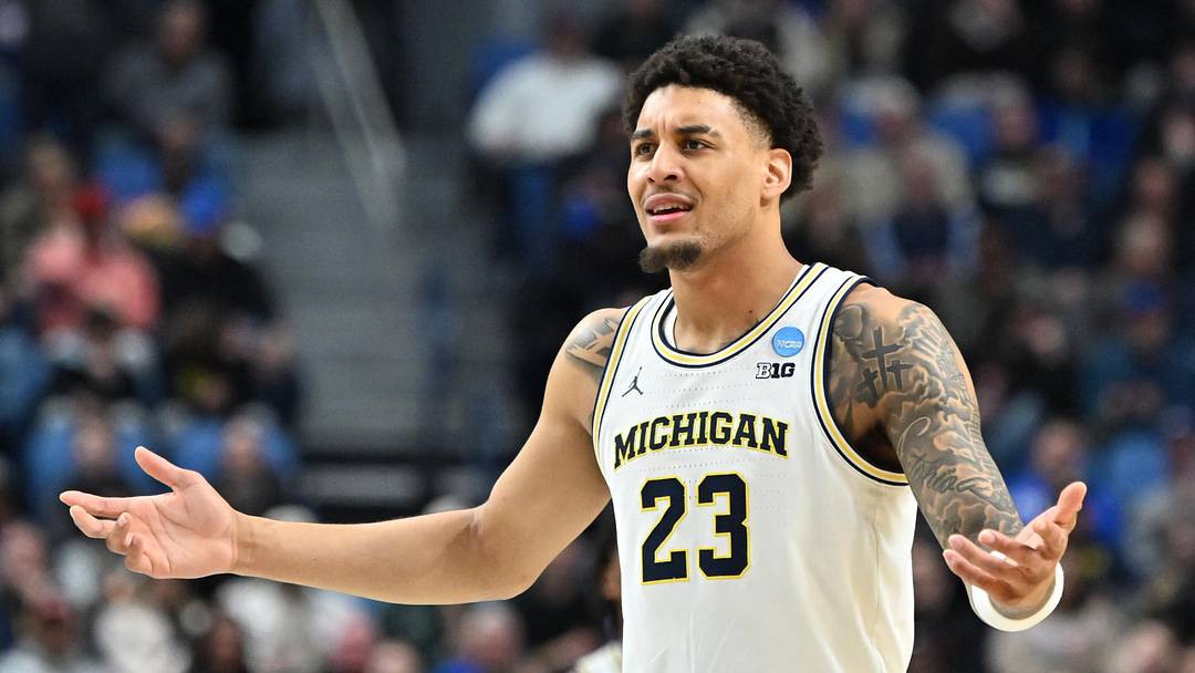 Mar 19, 2026; Buffalo, NY, USA; Michigan Wolverines forward Yaxel Lendeborg (23) reacts against the Howard Bison during the second half of a first round game of the men's 2026 NCAA Tournament at Keybank Center. Mandatory Credit: Mark Konezny-Imagn Images