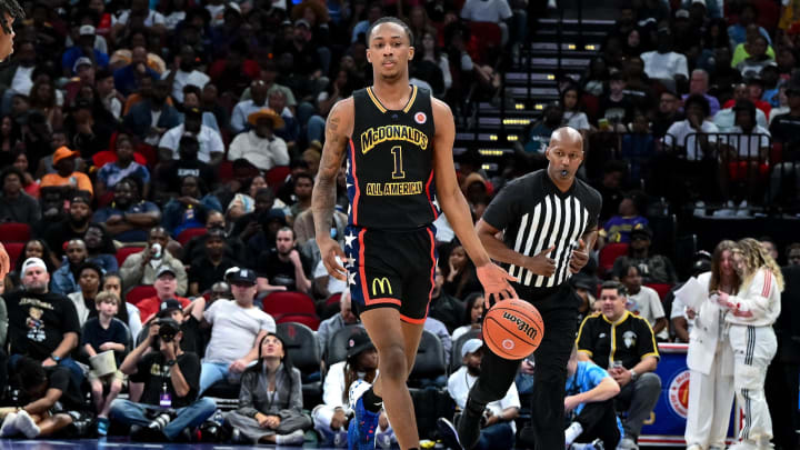 Mar 28, 2023; Houston, TX, USA; McDonald's All American West forward Ron Holland (1) in action during the first half against the McDonald's All American East at Toyota Center. Mandatory Credit: Maria Lysaker-USA TODAY Sports